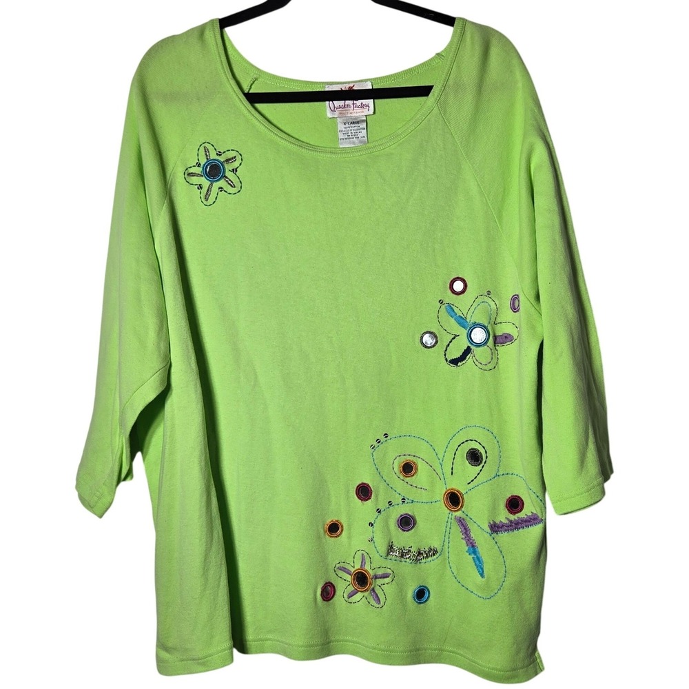 Quacker Factory Floral Embroidered Top XL Mirror Art Whimsical Maximalist Boho